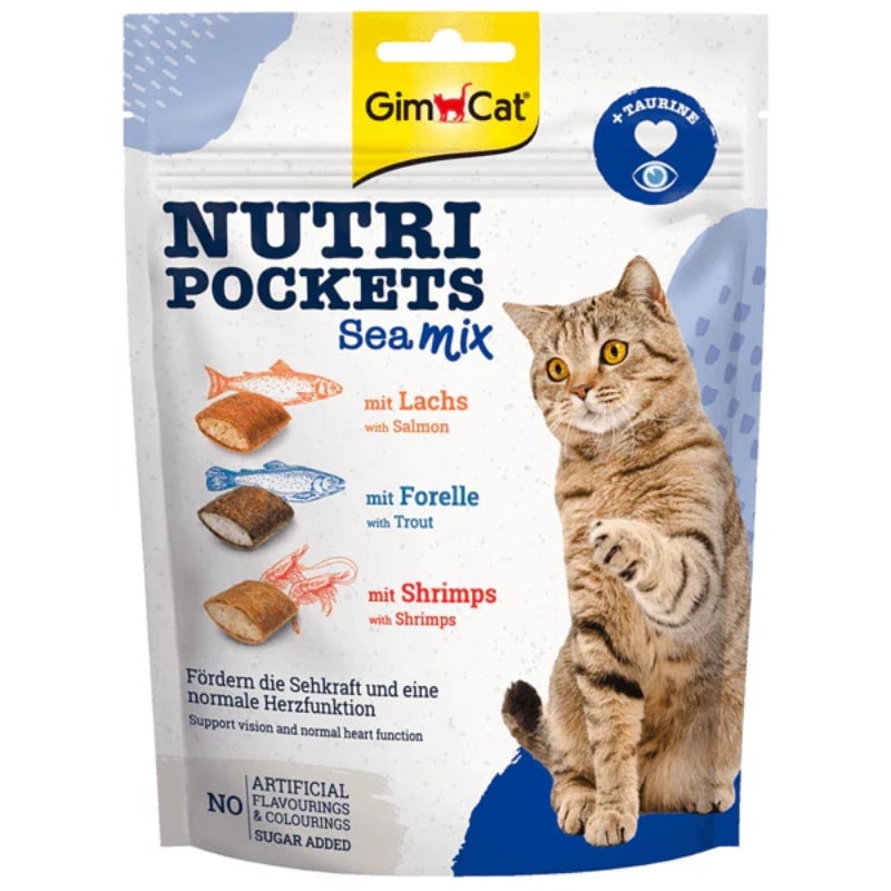 gimcat_nutri_pockets_country_mix تشویقی گربه جیم کت مدل میکس دریایی (سالمون، قزل آلا و میگو)
