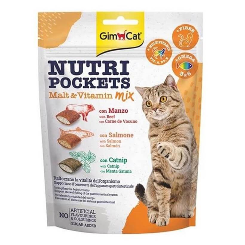 gimcat-nutripockets-malt-vitamin-mix-k-c2e-83 تشویقی گربه جیم کت مدل میکس مالت و ویتامین با طعم گوشت، سالمون و کت نیپ